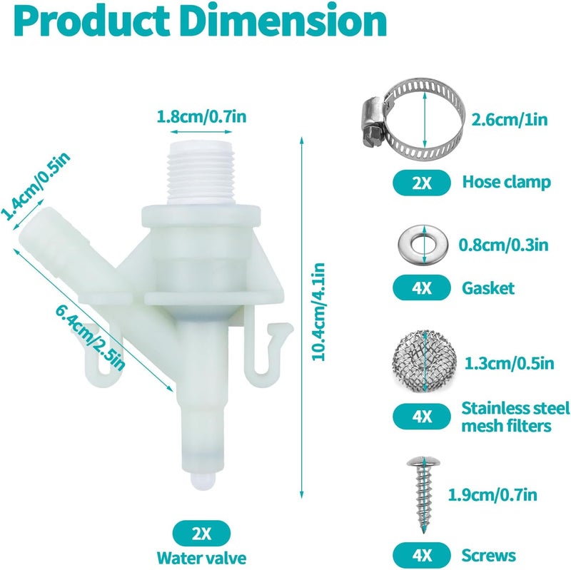 Aecsze 2 Pack 385311641 RV Toilet Water Valve Replacement Kit, Durable Plastic Water Valve Kit, for 300 310 320 Series for Dometic and Sealand Marine Toilet, Includes Hose Clamp and Fasteners - Image 2